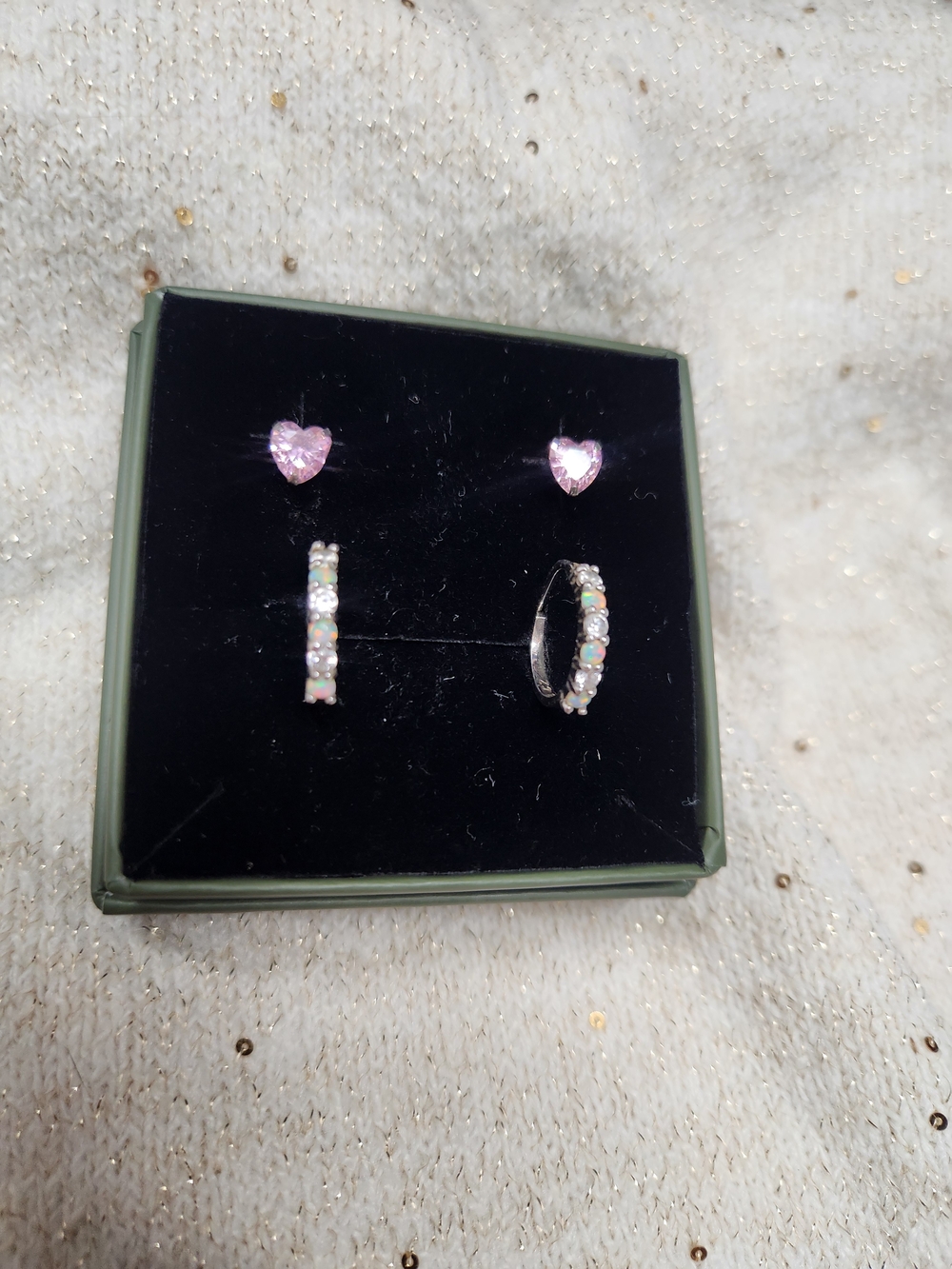 Sterling Silver Pink Heart and Opal Hoop Earring Set
